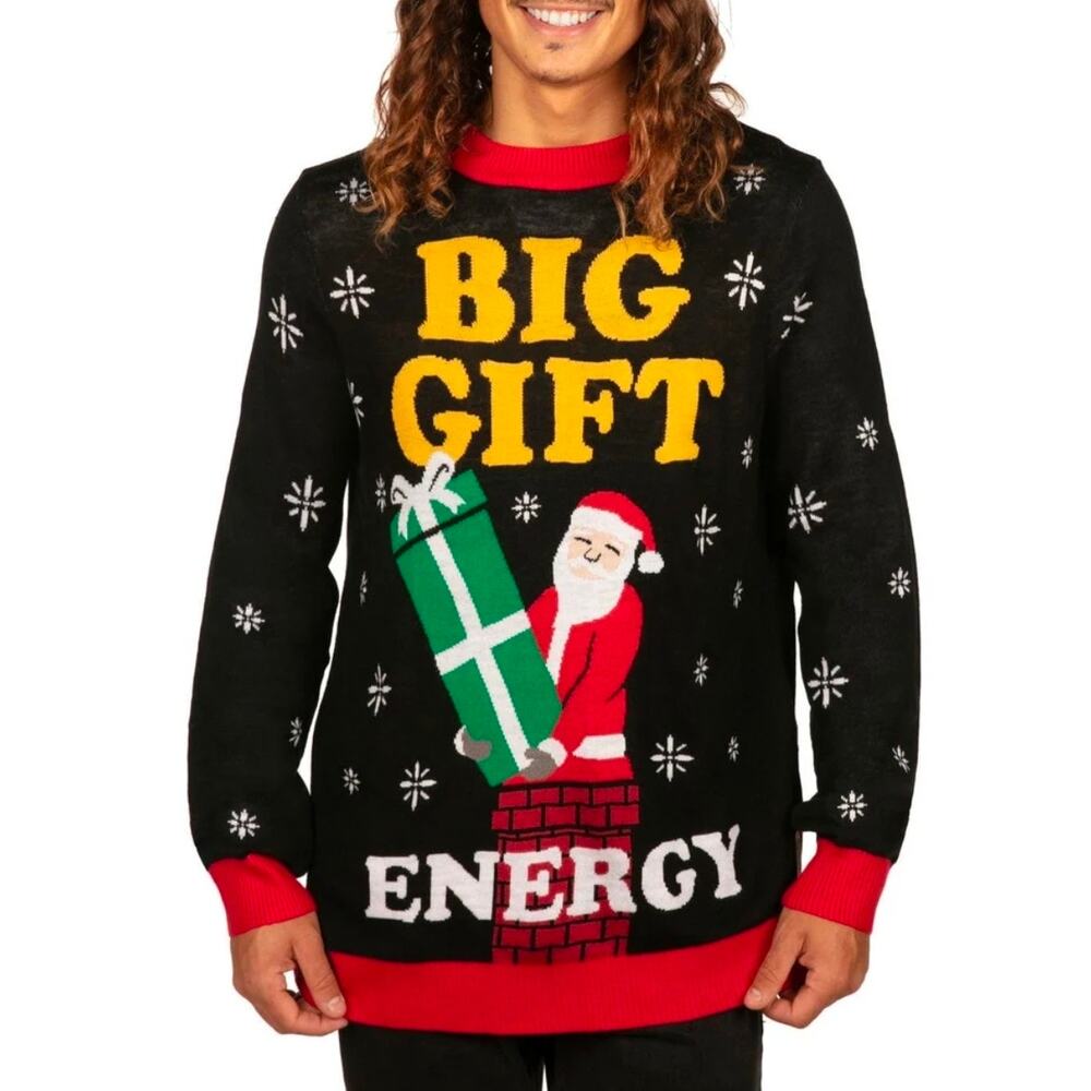 Sz XL TIPSY ELVES Black MEN'S BIG GIFT ENERGY UGLY CHRISTMAS SWEATER